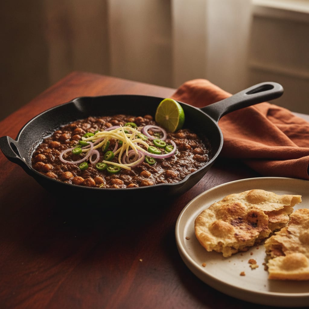 A dark mahogany chana masala in a black karahi, whole chickpeas glossy in the thick masala, slivered ginger and green chilli and red onion rings on top, a lime wedge on the rim
