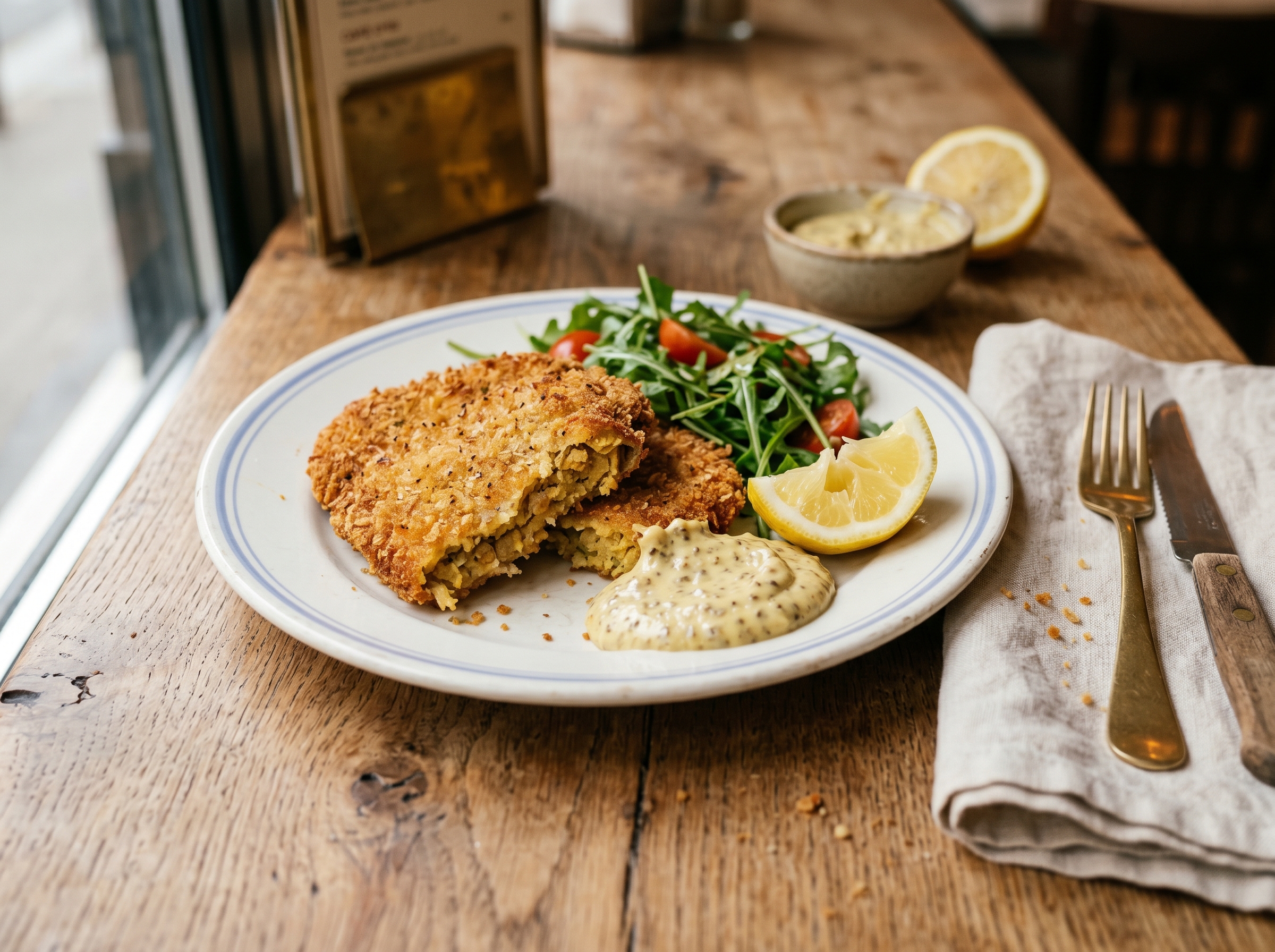 A golden chickpea milanesa on a slightly chipped white plate, with a dollop of aioli and a lemon wedge