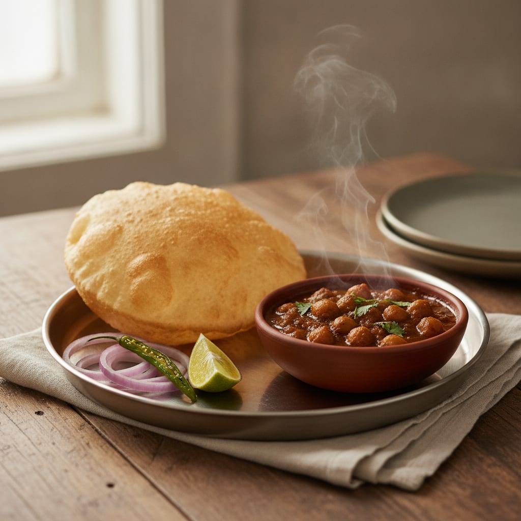 A steel thali of dark, glossy chole chickpea curry beside a tall puffed golden bhatura, with sliced onion, green chilli and a lime wedge