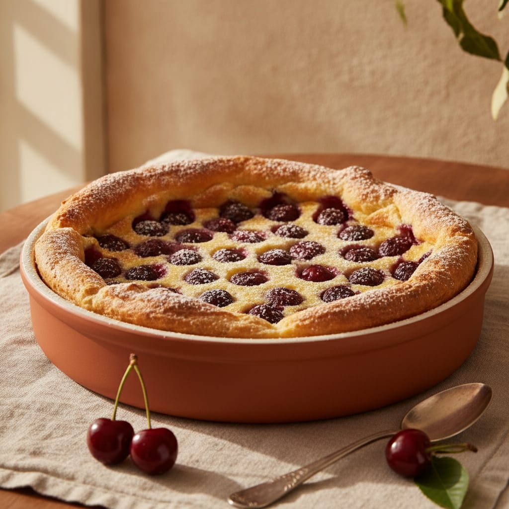 A baked cherry clafoutis in a ceramic dish, golden and puffed at the edges, dark whole cherries suspended in the pale custard, dusted with powdered sugar