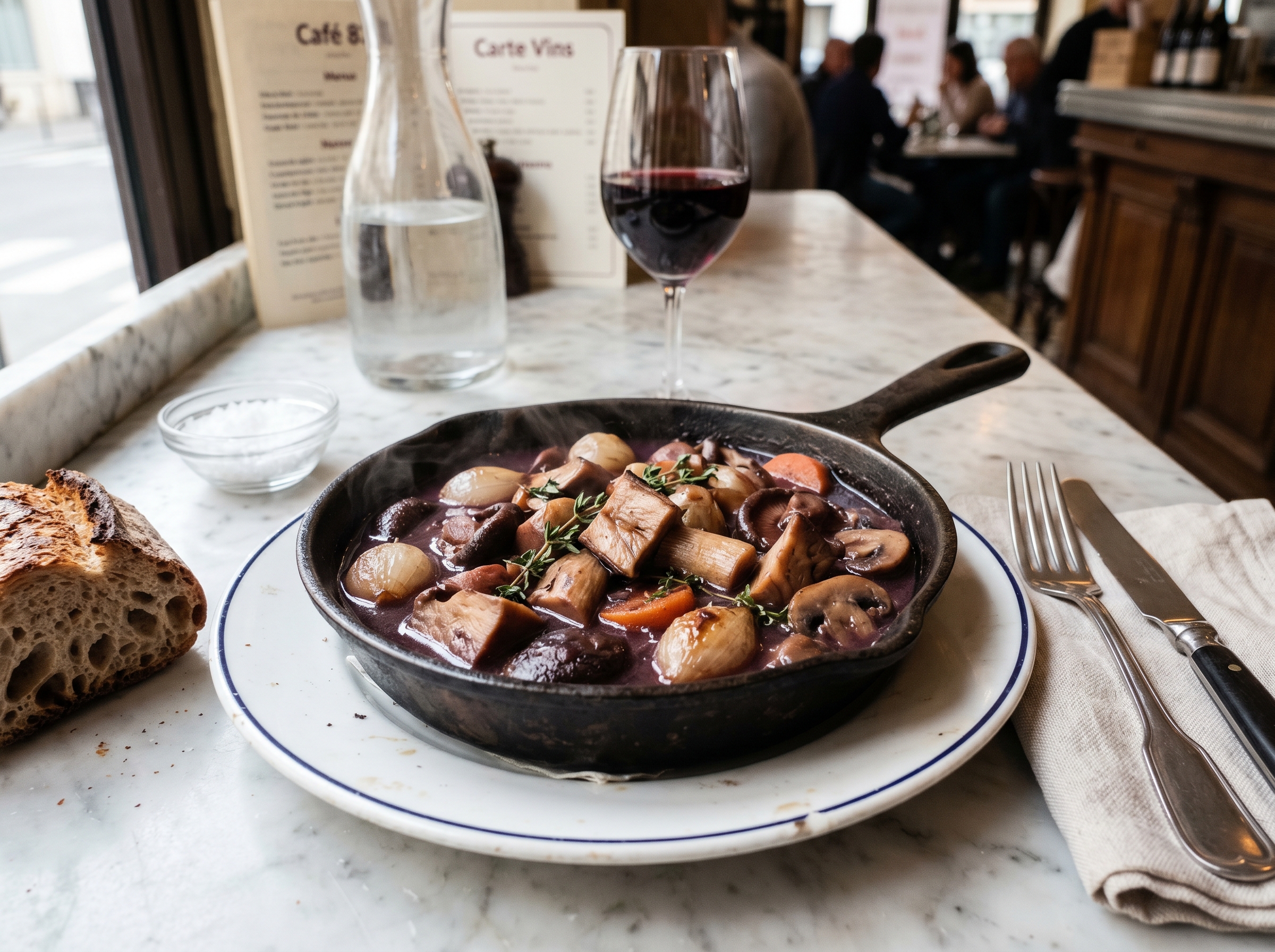 A wide cast-iron pan of glossy mahogany sous-bois au vin with whole pearl onions, mushrooms, and seitan, scattered with parsley