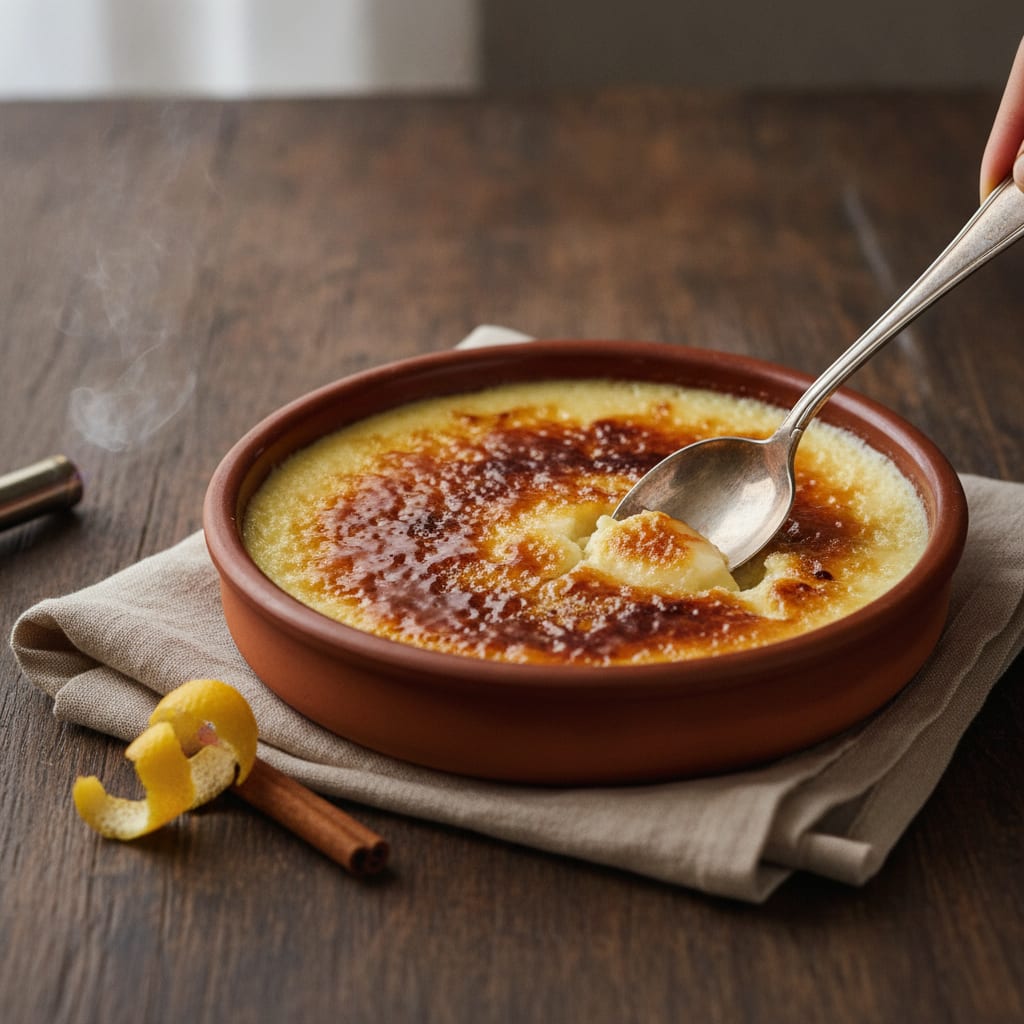 A shallow terracotta cazuela of pale yellow custard with a glassy amber caramelized sugar crust, a spoon cracking through it, a curl of lemon zest and a cinnamon stick alongside