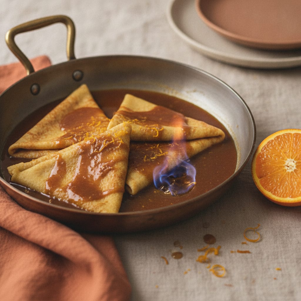 Folded crêpes Suzette in a copper pan, glossy in dark amber orange-caramel sauce, a low blue flame licking the surface, orange zest scattered