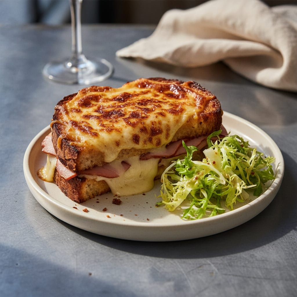A golden croque-monsieur on a small white café plate, the mornay top blistered brown, a corner cut away to show the smoked tofu ham and melting interior, a few dressed leaves alongside