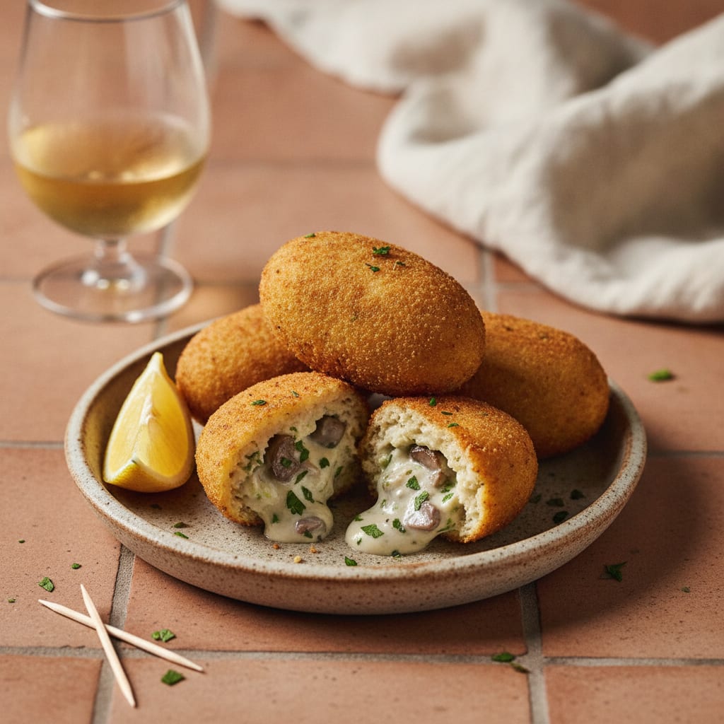A plate of golden-brown oval croquetas, one bitten open to show a molten pale béchamel centre flecked with mushroom, lemon wedge and toothpicks beside