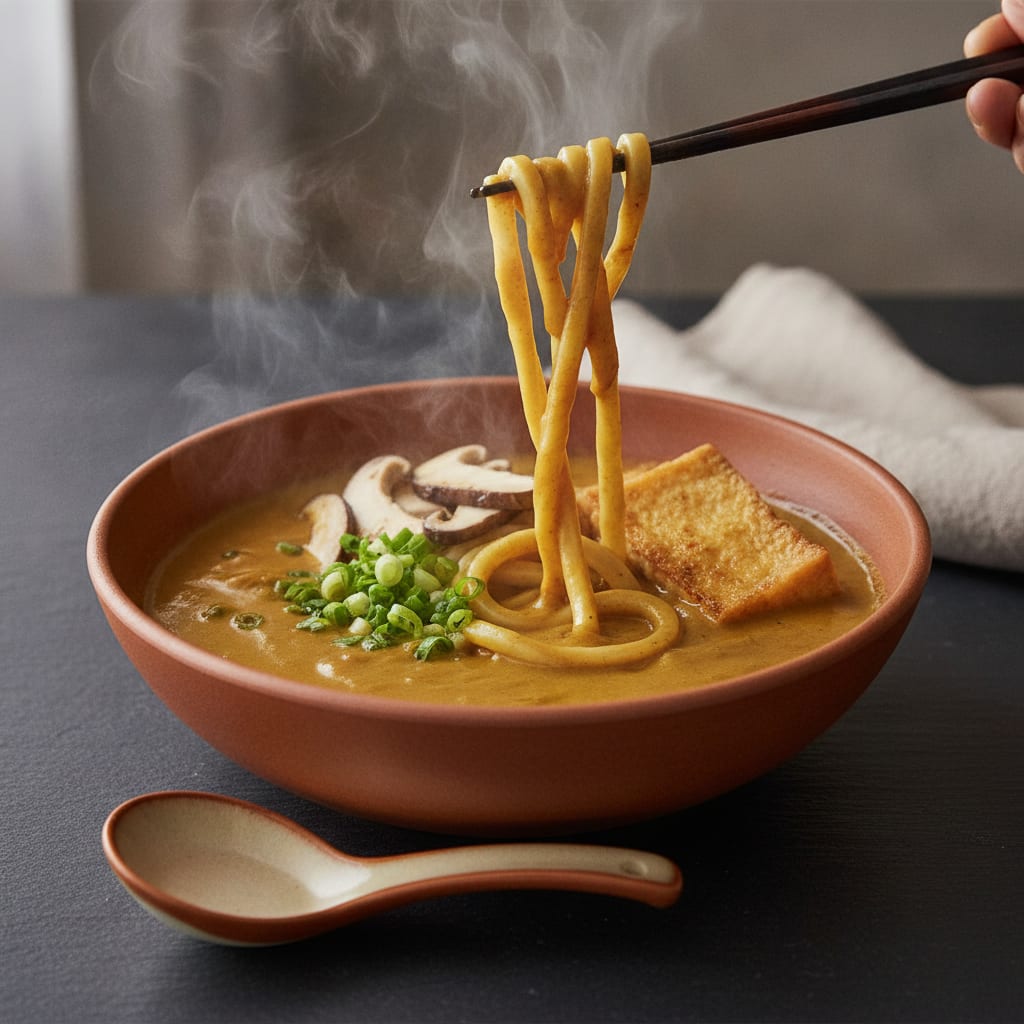 A deep bowl of thick golden-brown curry udon broth clinging to fat white udon noodles, with scallion, fried tofu and a few king oyster slices, steam rising