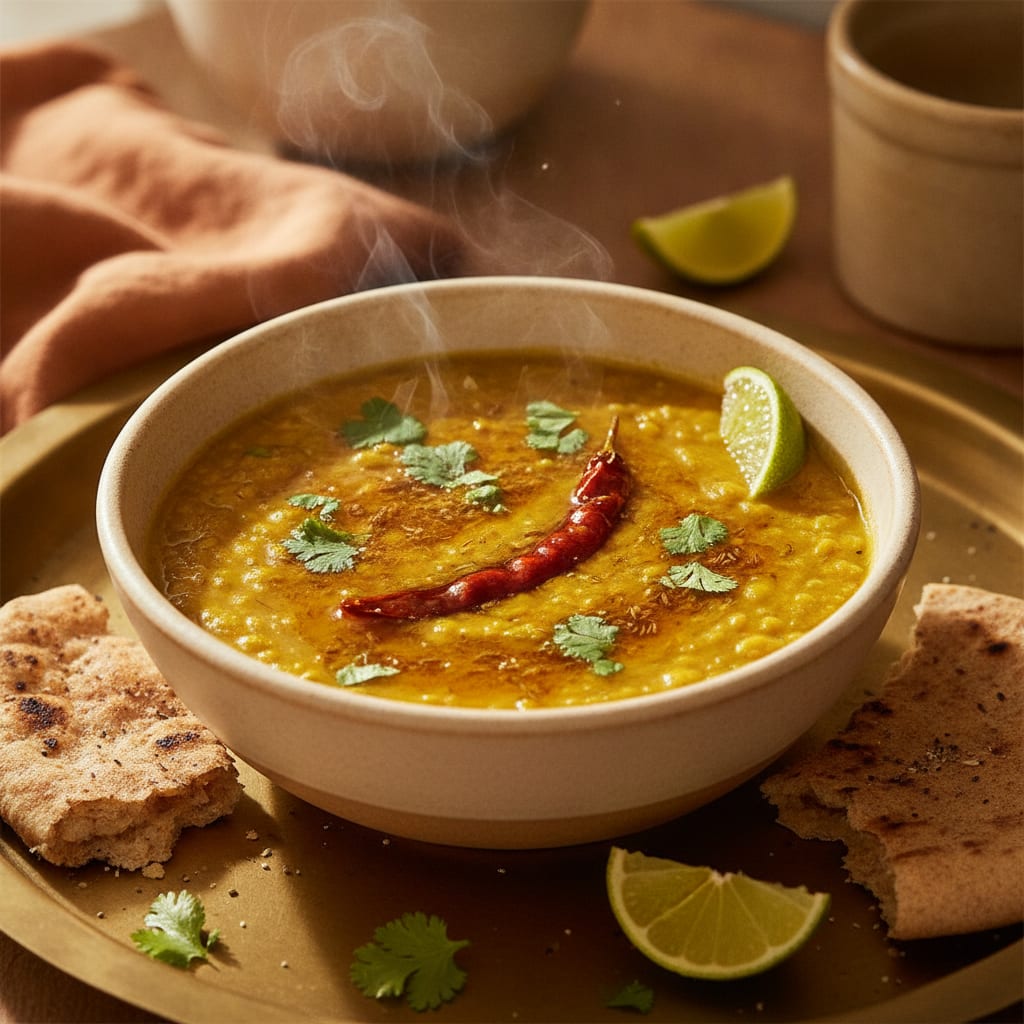 A copper-coloured bowl of yellow dal with a glossy slick of tempered ghee on top, cumin seeds and a split dried red chilli visible, fresh coriander scattered, a wedge of lime on the rim