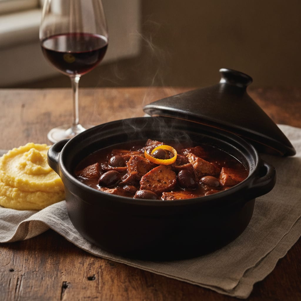 A deep earthenware pot of dark daube with chunks of seitan and mushroom in a glossy red-wine sauce, black olives and a strip of orange peel on top, over a mound of polenta