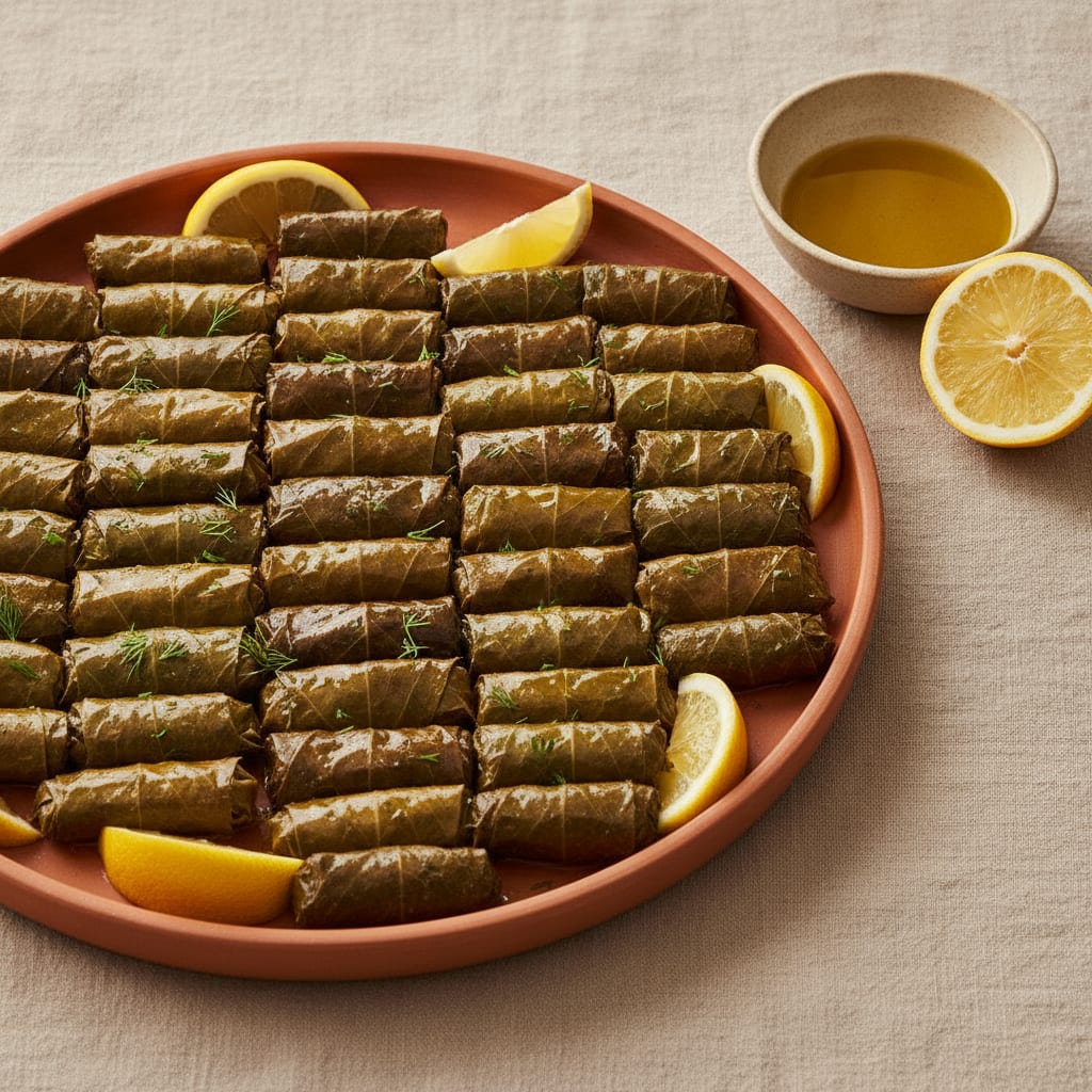 A platter of tightly rolled vine leaves arranged in rows, glossy with olive oil, lemon wedges tucked around the edge and a scatter of chopped dill on top