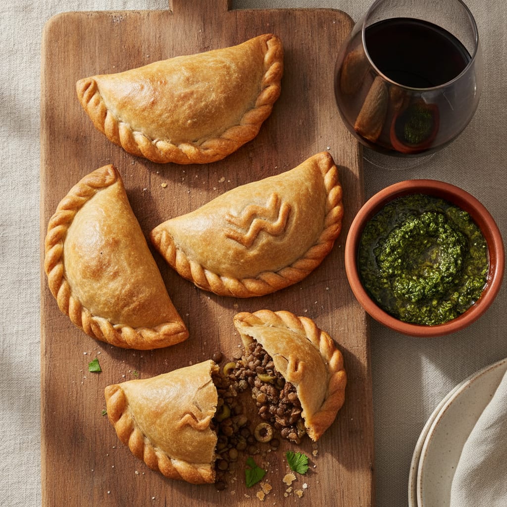 Four golden baked empanadas on a wooden board, each with a different rope-twisted repulgue crimp along the edge, one broken open to show dark mushroom and lentil filling flecked with olive