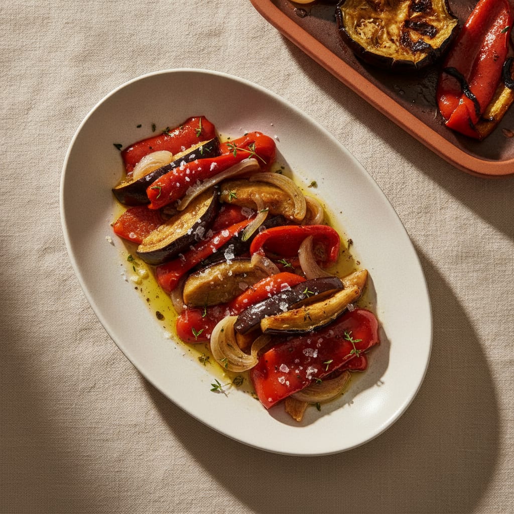 Strips of peeled roasted red pepper, aubergine and onion arranged on a white plate, glossy with olive oil, scattered with flaky salt and a drizzle of dark juices