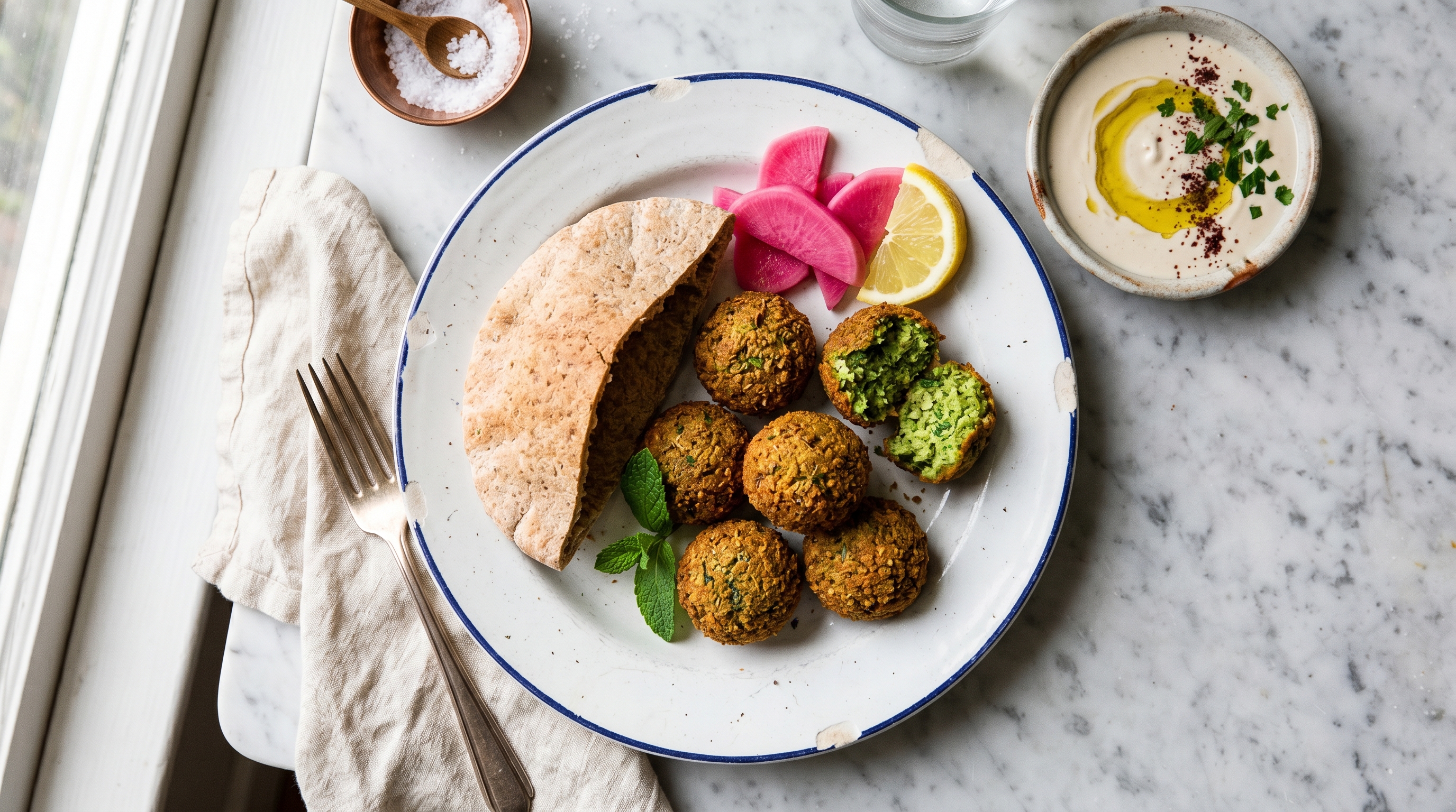 A plate of dark-green-flecked falafel torn open to show the bright interior, with tahini, pickled turnip, and warm pita