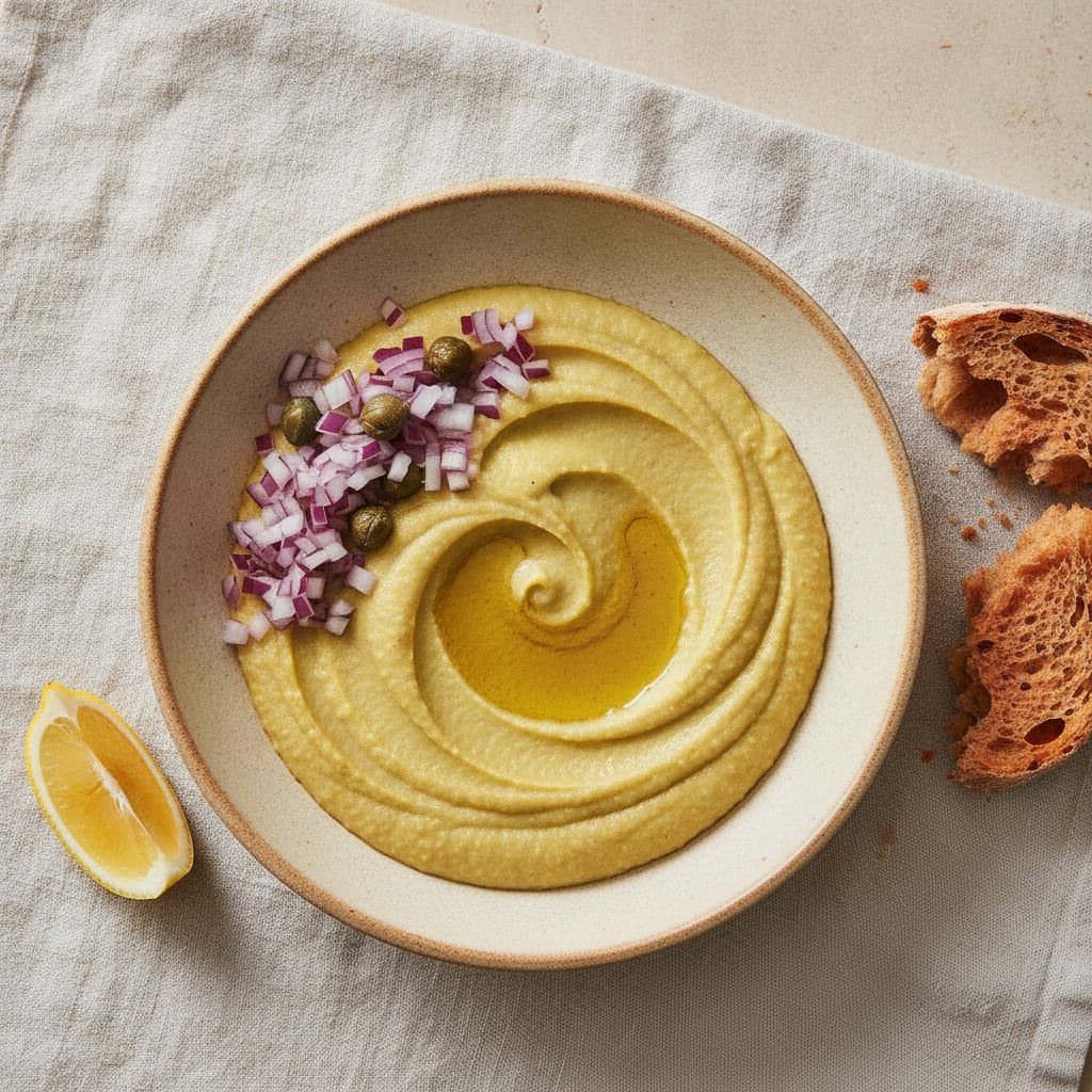 A shallow bowl of pale gold yellow split pea purée, a well of olive oil in the center, topped with raw chopped red onion and capers, lemon wedge beside