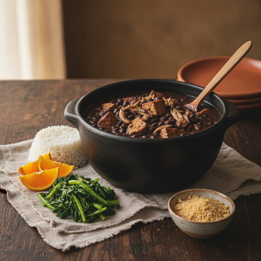 A deep black clay pot of glossy black-bean feijoada with chunks of smoked tofu and mushroom, ringed by white rice, bright sautéed couve, sliced orange and a bowl of farofa