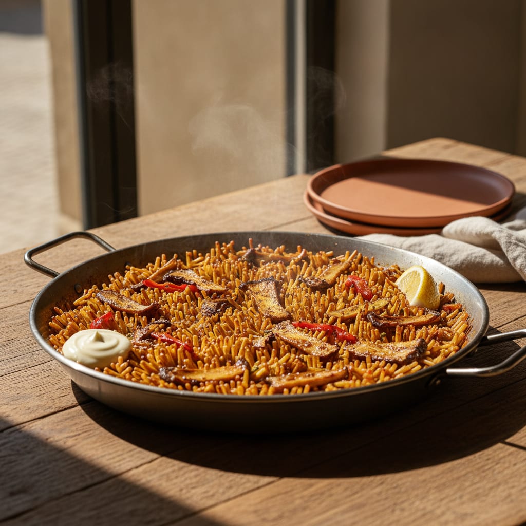 A wide paella pan of toasted short noodles standing on end, deep amber from saffron and smoked paprika, dotted with seared king oyster, a wedge of lemon and a spoon of garlic allioli on the rim