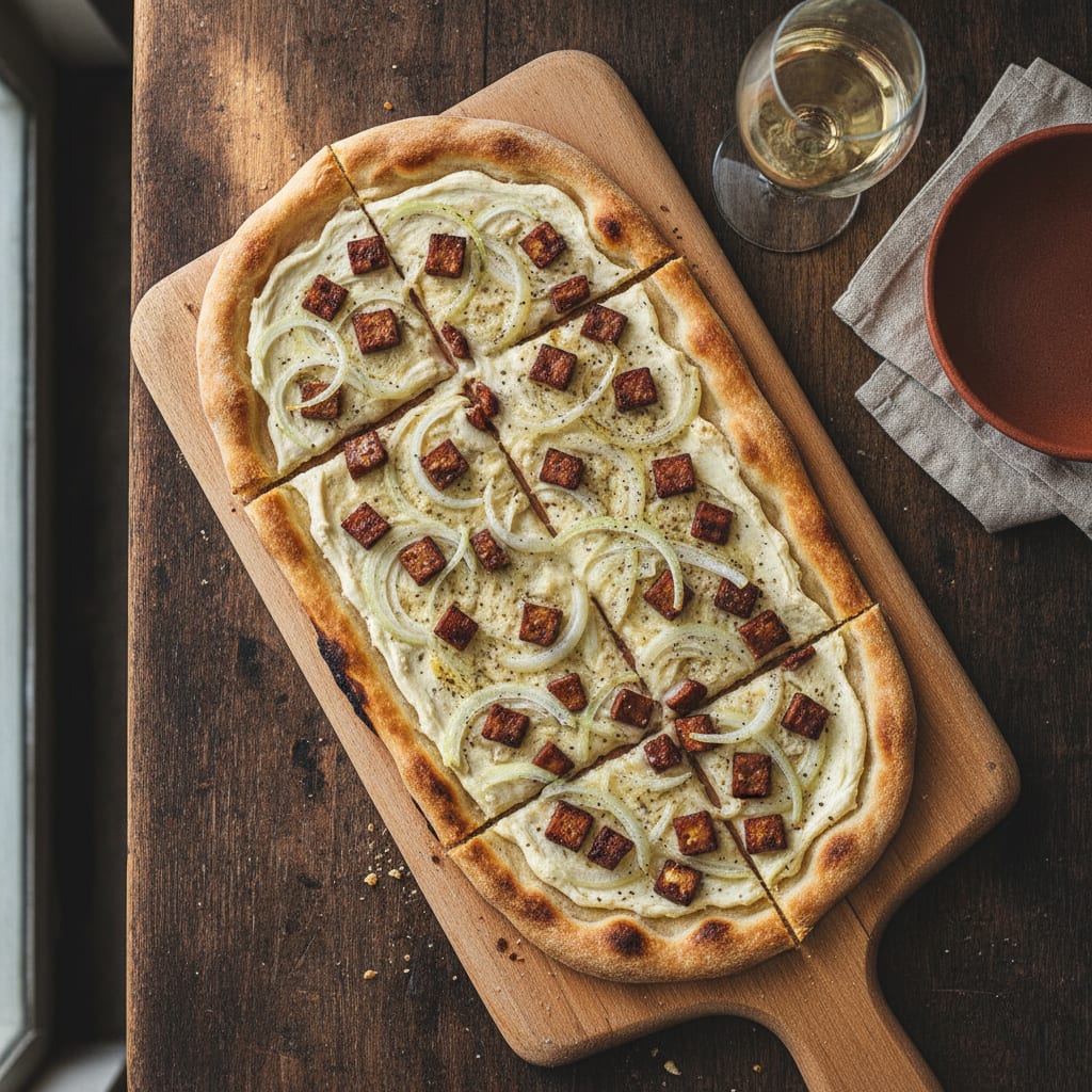 A thin rectangular flammekueche on a wooden peel, pale cashew cream base scattered with raw onion slivers and bronzed smoked-tofu lardons, the edges charred dark and blistered, cut into squares