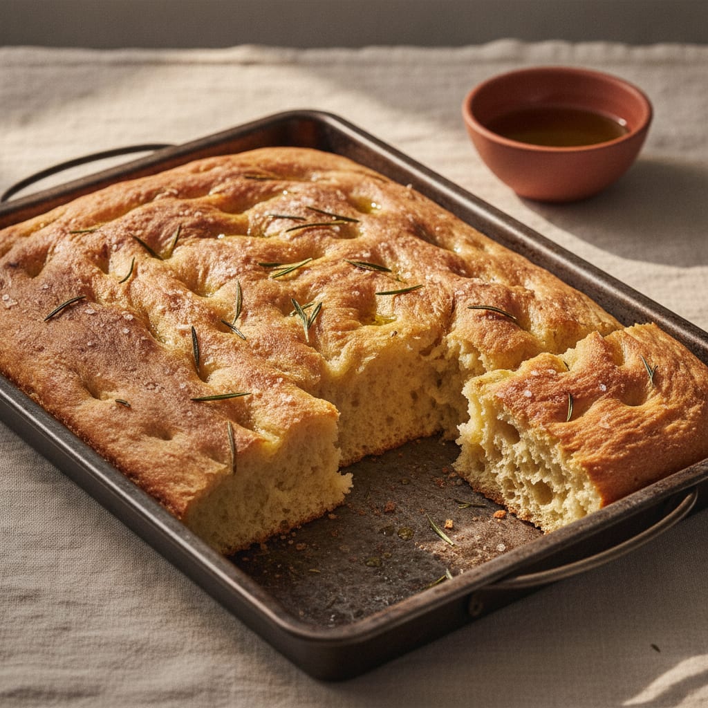 A golden slab of dimpled focaccia in a baking tray, oil pooled in the finger holes, flecked with coarse salt and rosemary, the crumb visibly open at a torn corner