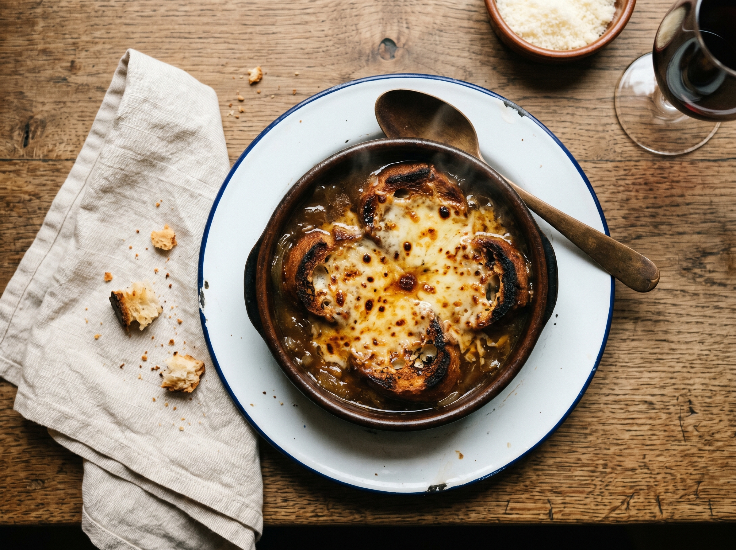A deep brown bowl of onion soup with a charred slice of baguette floating on top