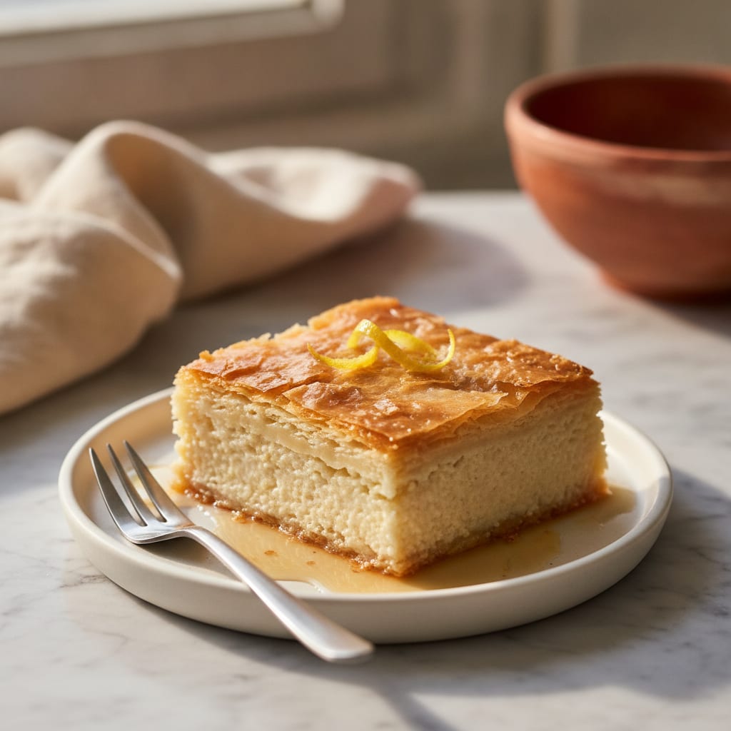 A square of golden galaktoboureko on a small plate, crisp phyllo top, a thick layer of pale semolina custard visible at the cut edge, syrup pooling, a strip of lemon zest on top