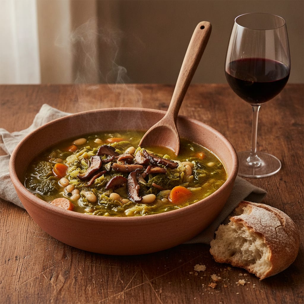 A deep rustic bowl of thick garbure dense with cabbage, white beans and carrots, shreds of dark confit mushroom on top, a spoon standing upright in the middle, crusty bread alongside