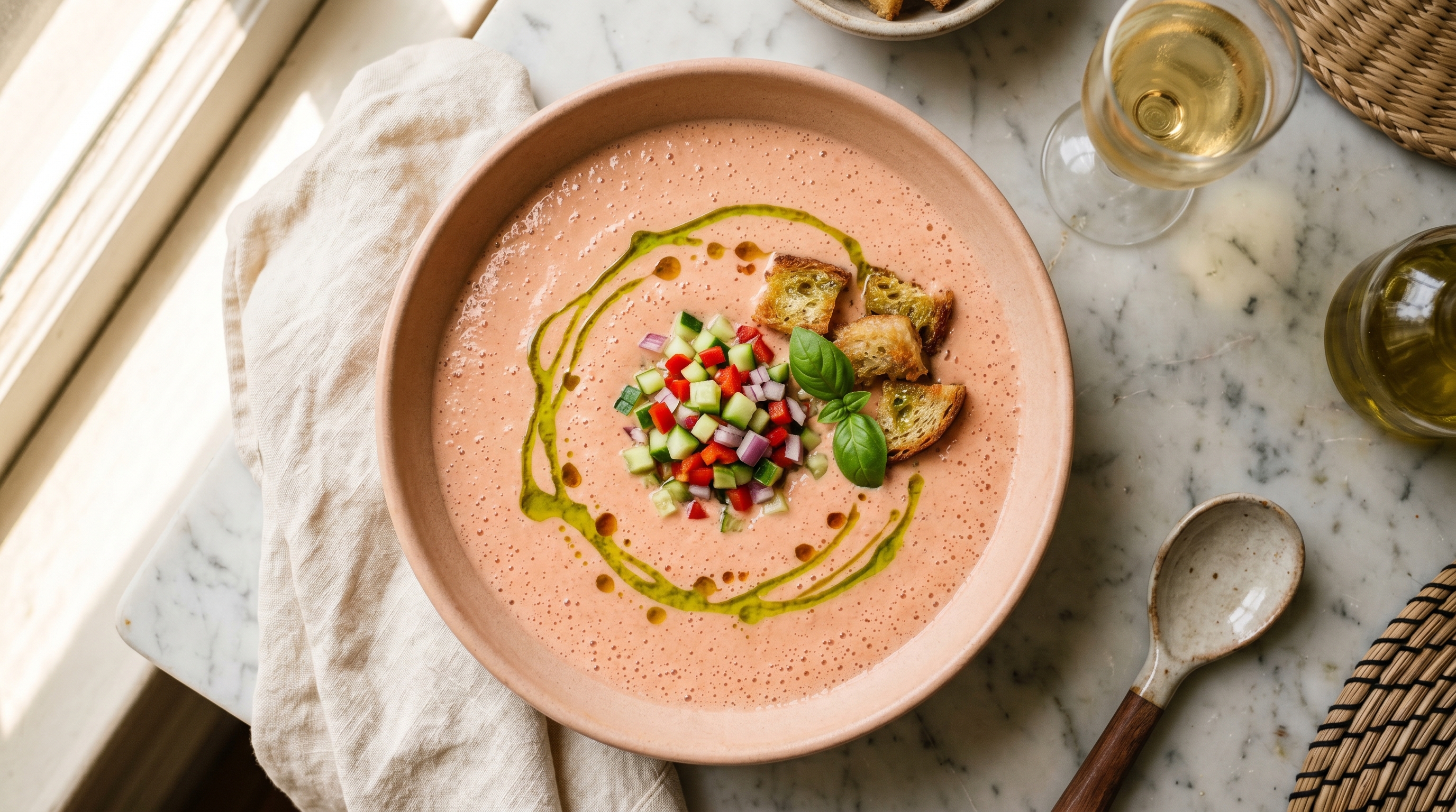 A shallow ceramic bowl of pale-pink-orange gazpacho with diced cucumber, pepper, and sherry-soaked croutons, a finishing drizzle of olive oil