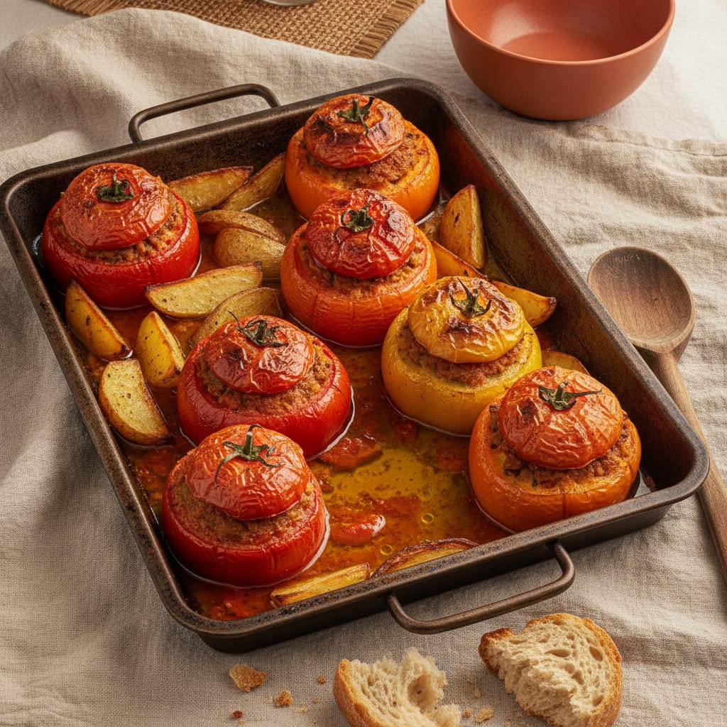 A roasting tray of stuffed tomatoes and peppers with browned caramelized tops, potato wedges tucked between them, glossy with olive oil and tomato juices