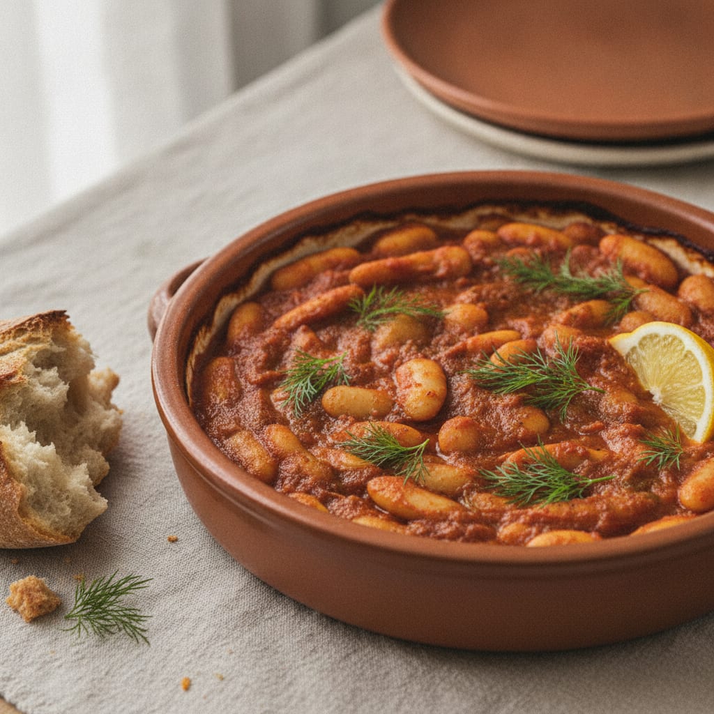 A rustic baking dish of plump giant white beans in a deep red tomato sauce with caramelized edges, scattered with fresh dill, a lemon wedge on the side