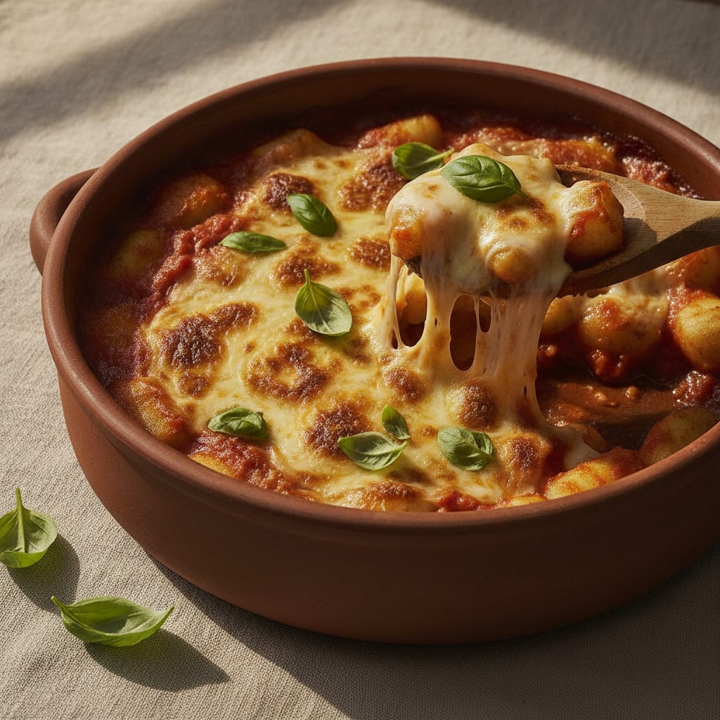 A bubbling earthenware dish of baked gnocchi in tomato sauce with melted vegan mozzarella pulling in strands, golden patches on top and basil scattered over