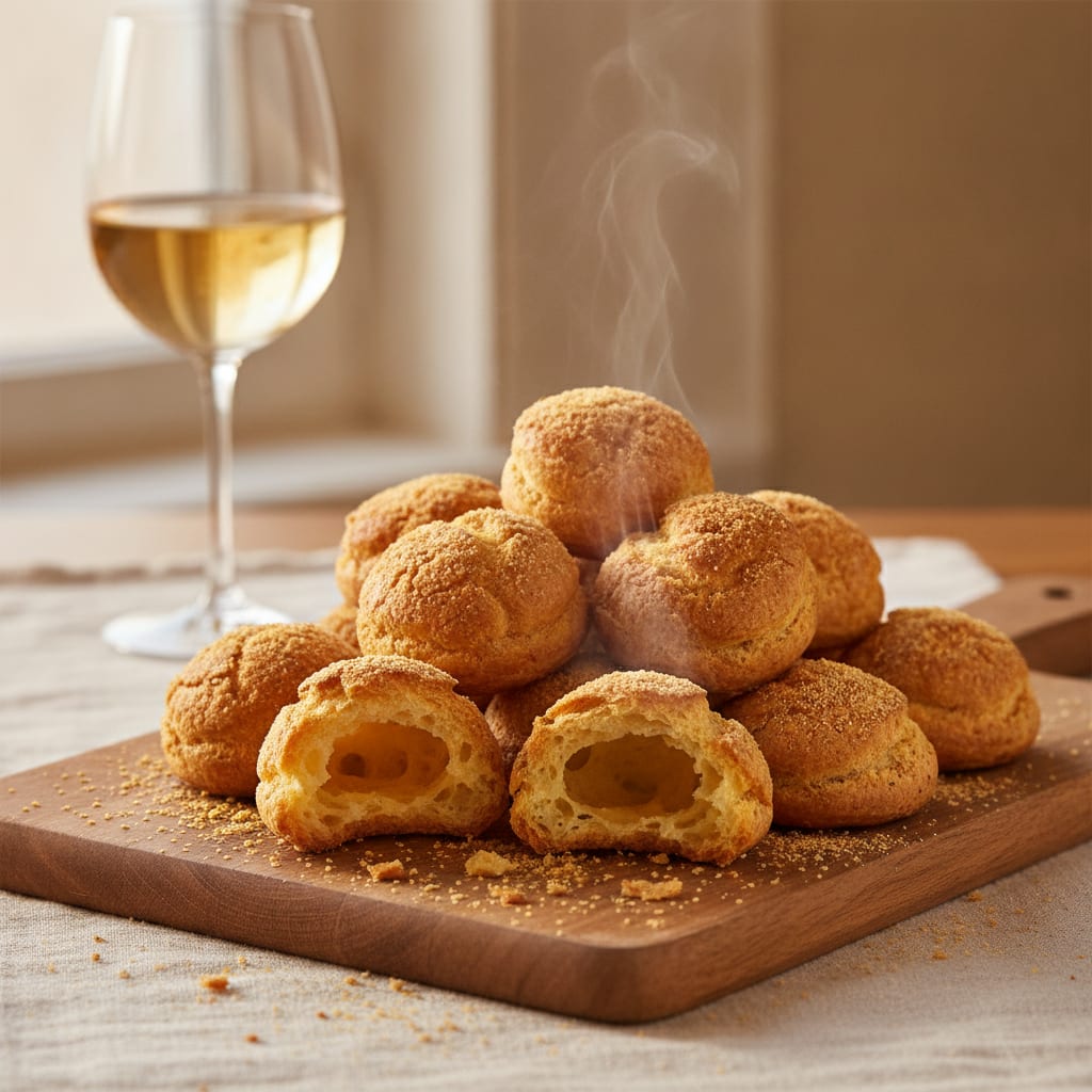 A pile of golden-brown gougères on a wooden board, cracked and hollow, dusted with a little extra cheese, one torn open to show the airy interior