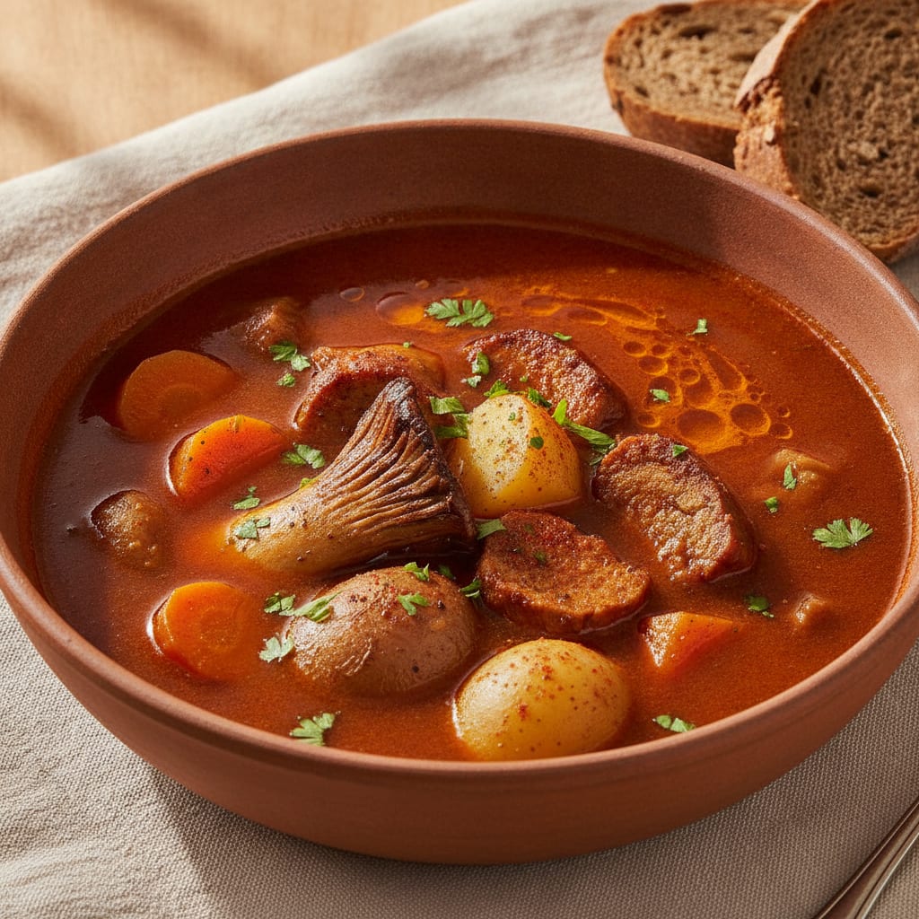 A deep red bowl of brothy Hungarian goulash soup with chunks of seared mushroom and seitan, soft potato, carrot and onion, dusted with fresh paprika and parsley