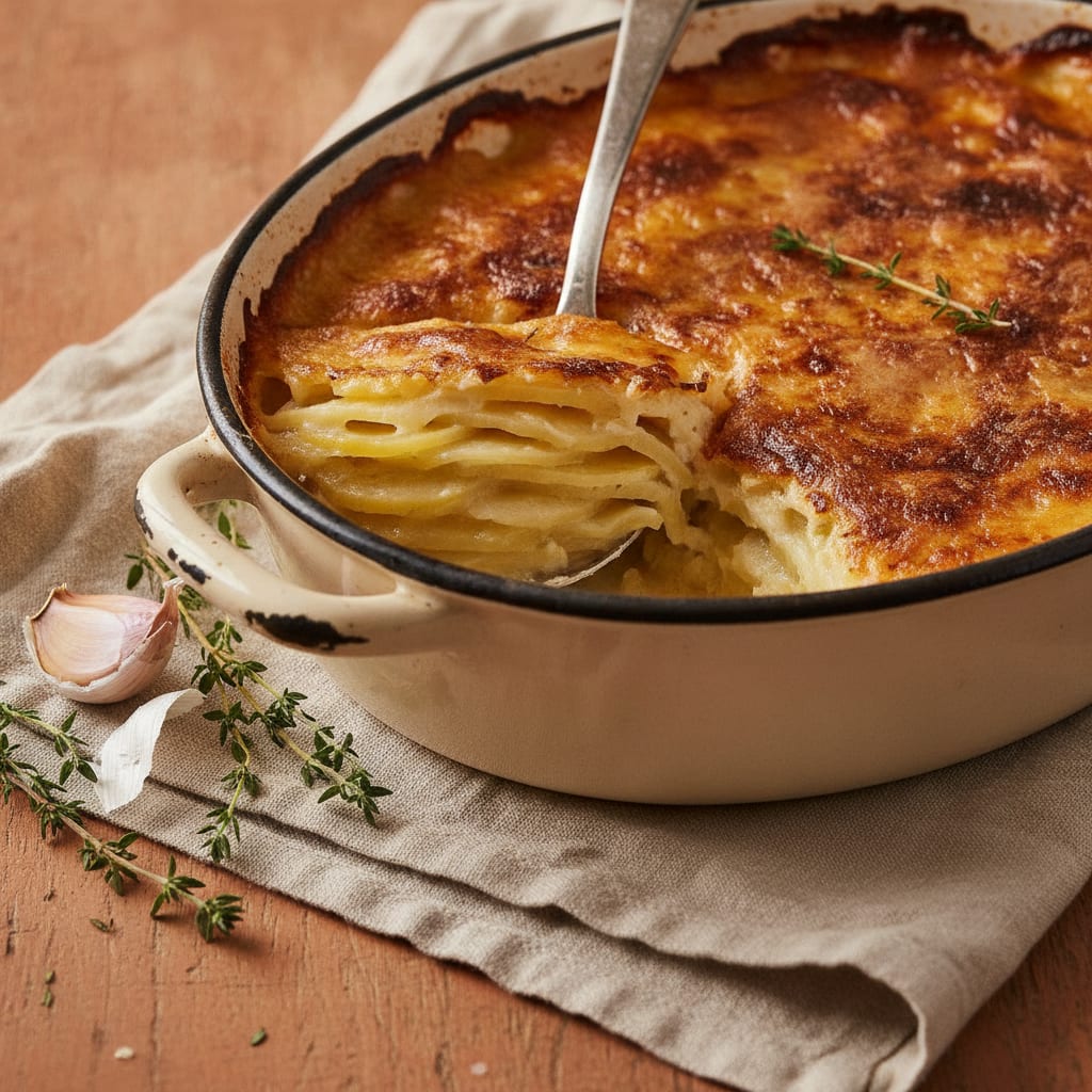 A baked gratin dauphinois in an oval dish, the top bronzed and bubbling, a corner lifted on a spatula to show the layered creamy potato inside