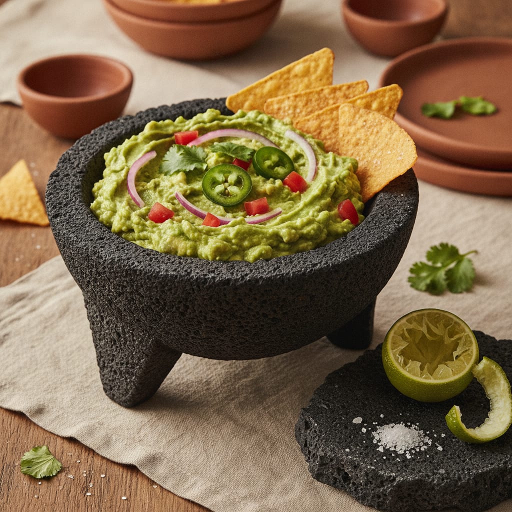 Coarse, chunky guacamole in a black basalt molcajete, flecked with red onion, green chile, coriander and tomato, a lime half and tortilla chips beside it