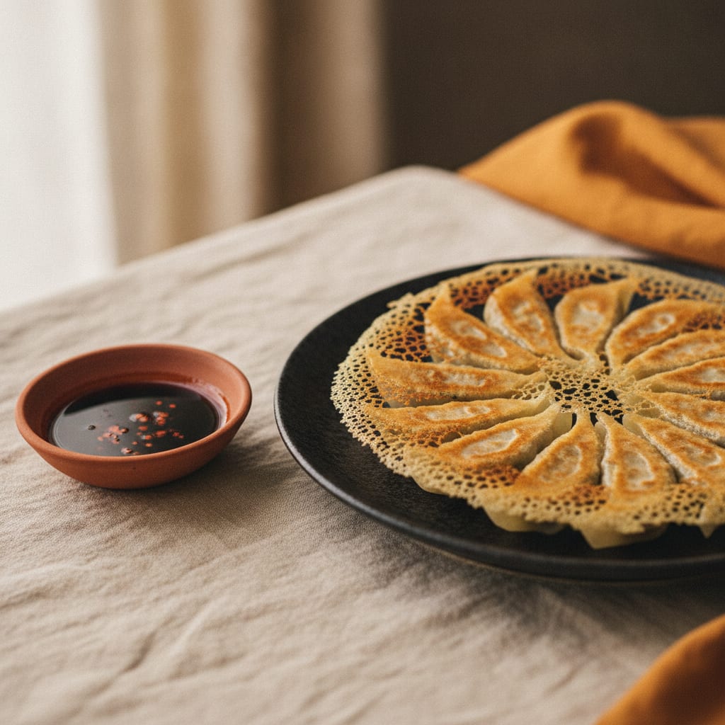 A plate of gyoza turned crisp-side-up, golden pleated dumplings joined by a thin lacy browned skirt, a small dish of black vinegar and chili oil alongside