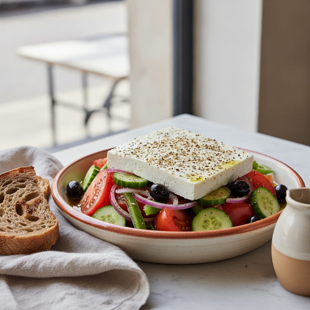 A shallow bowl of tomato wedges, cucumber chunks, red onion, green pepper and black olives, topped with a thick slab of white curd dusted with dried oregano and slicked with olive oil