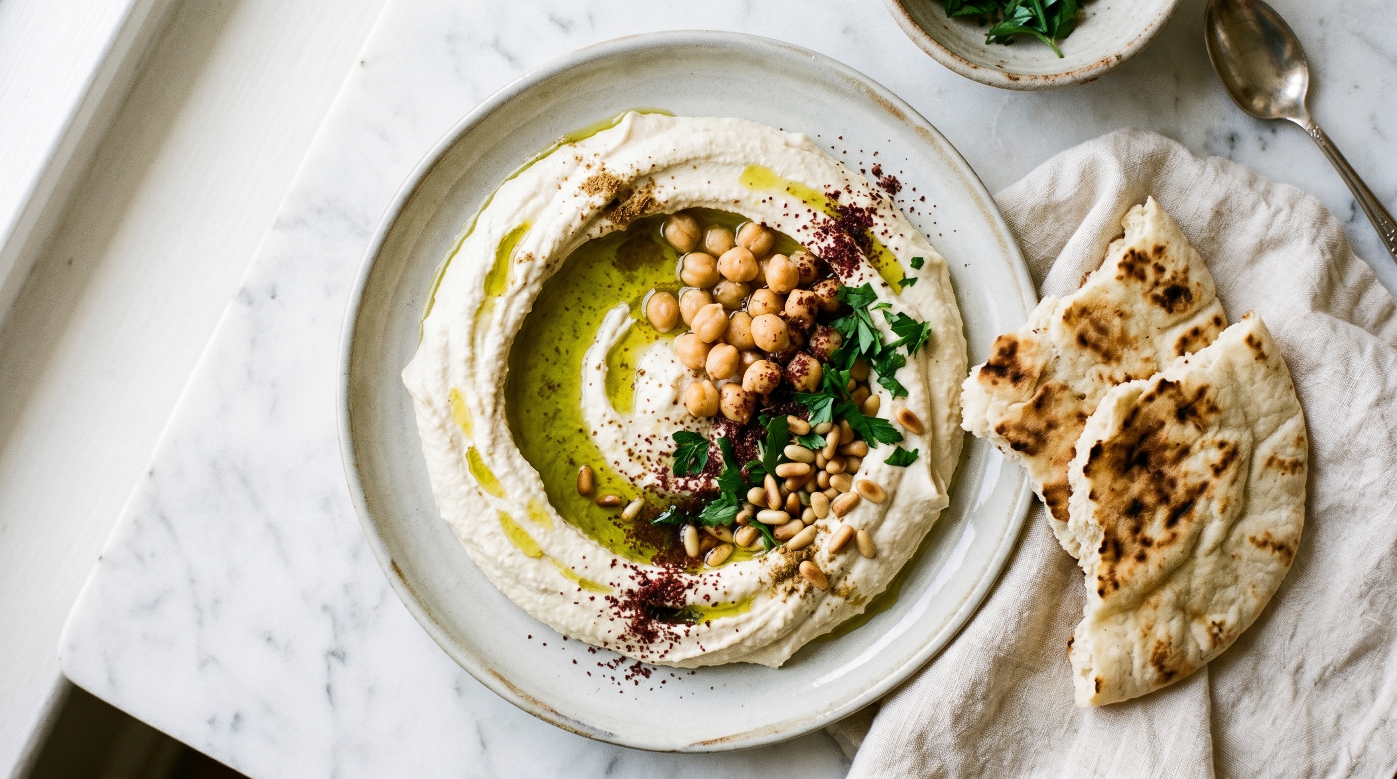A shallow ceramic bowl of pale, silky hummus with a deep central well of olive oil, a sprinkle of sumac, whole chickpeas, and warm pita