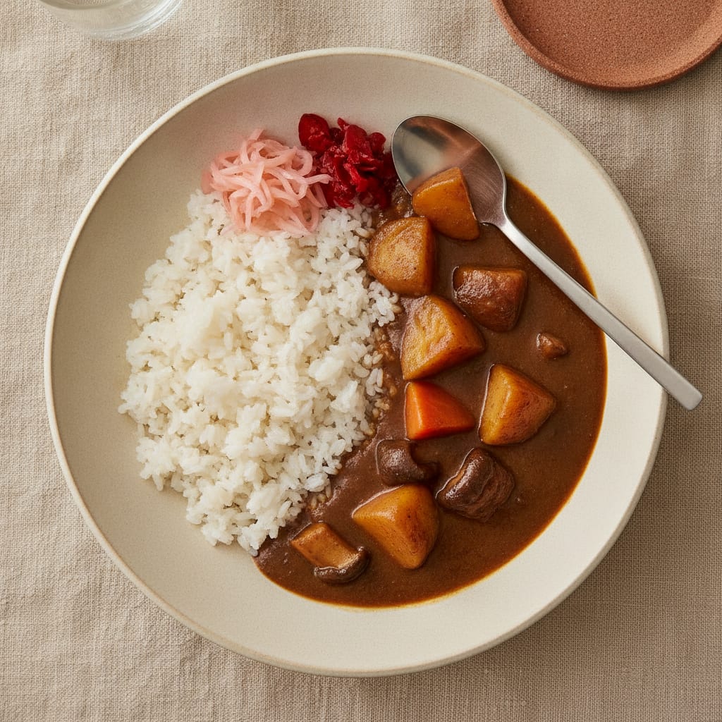 A plate half rice, half thick glossy dark-brown Japanese curry with chunks of potato, carrot and king oyster, a few pink pickled ginger threads on the rice