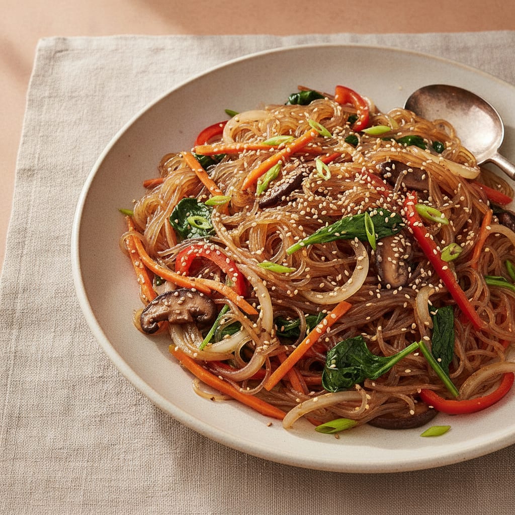 A platter of glossy translucent sweet-potato glass noodles tangled with strips of carrot, spinach, red pepper, onion and shiitake, flecked with sesame seeds and thin scallion