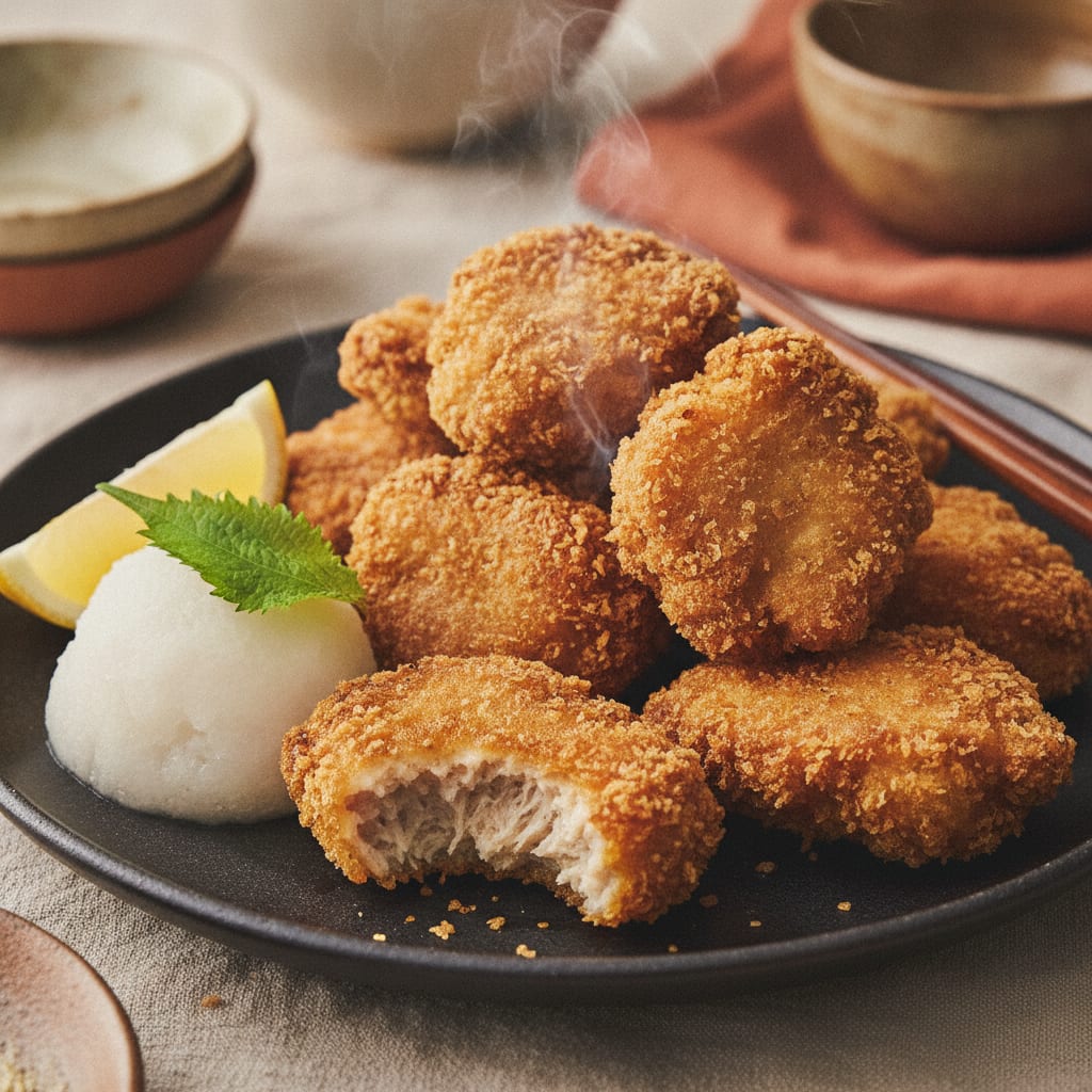 A pile of craggy golden karaage pieces on a dark plate, deeply blistered crust, a wedge of lemon and a small mound of grated daikon to the side, one piece bitten to show the soft interior