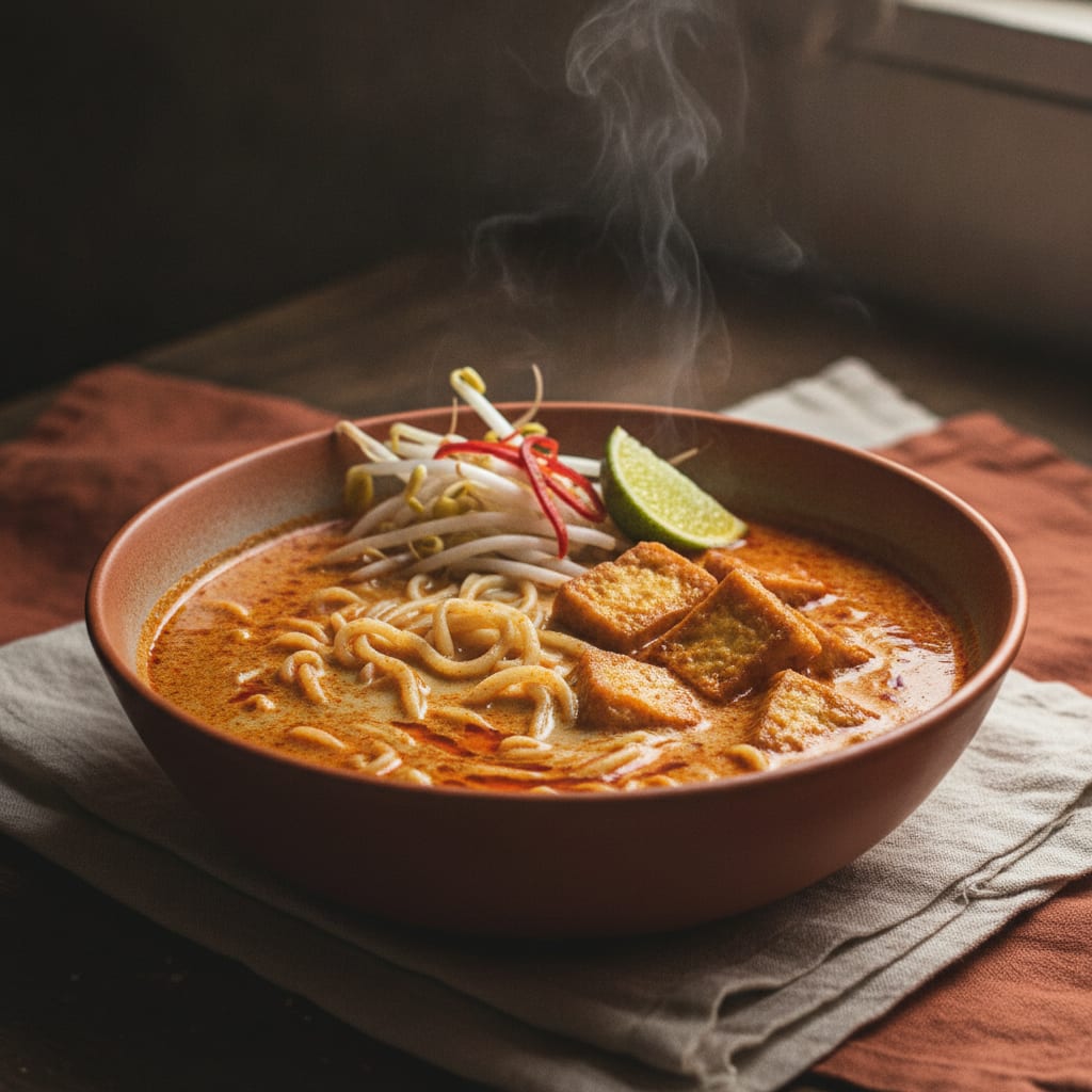 A deep bowl of orange-red curry laksa with rice noodles, golden tofu puffs, bean sprouts, sliced chili and a lime wedge, an oily sheen of coconut and chili on the surface