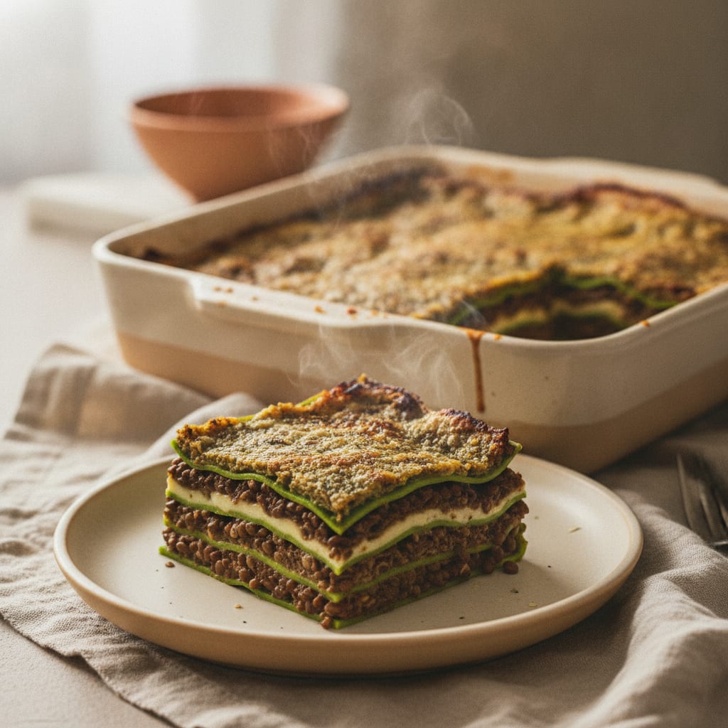 A square of green spinach lasagne lifted from the dish, layers of dark lentil-mushroom ragù and pale besciamella visible, the top edge browned and crisp