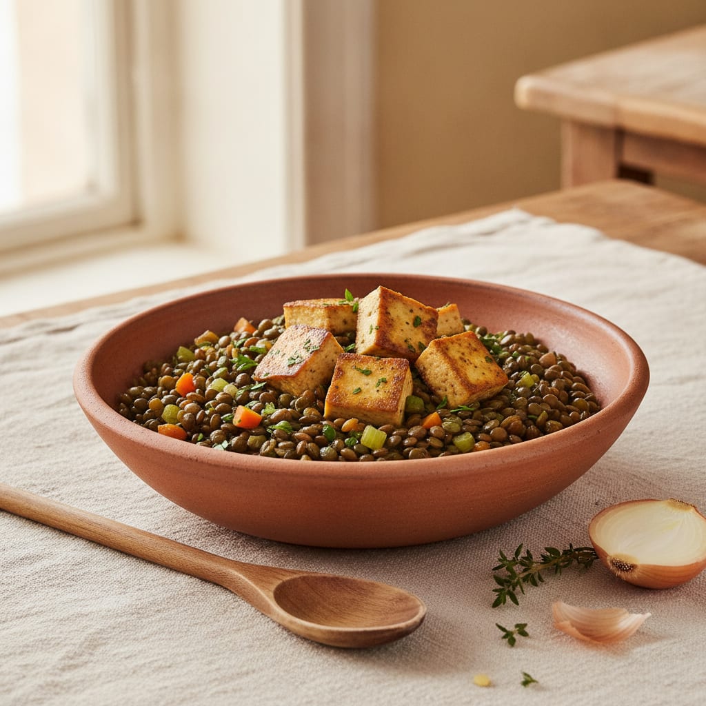 A shallow bowl of glossy dark-green Puy lentils flecked with diced carrot and celery, a few cubes of seared smoked tofu on top, parsley scattered