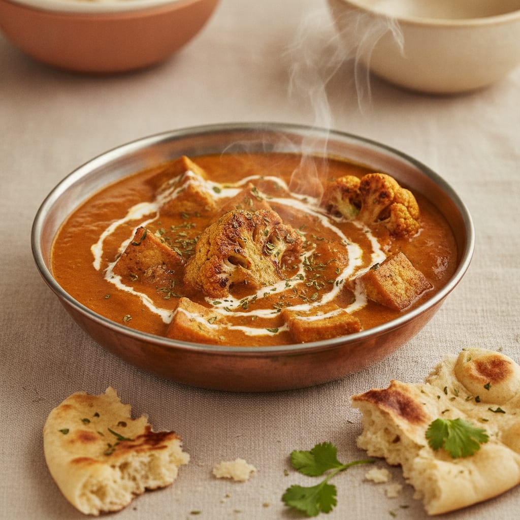 A glossy orange-red makhani gravy in a shallow bowl with charred cauliflower florets and golden tofu, a swirl of cashew cream, a sprinkle of crushed dried fenugreek on top