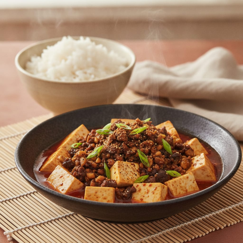 A shallow bowl of glossy rust-red mapo tofu with cubes of silken tofu, a dark shiitake-walnut crumble, sliced scallion greens and a dusting of ground Sichuan pepper over steamed rice