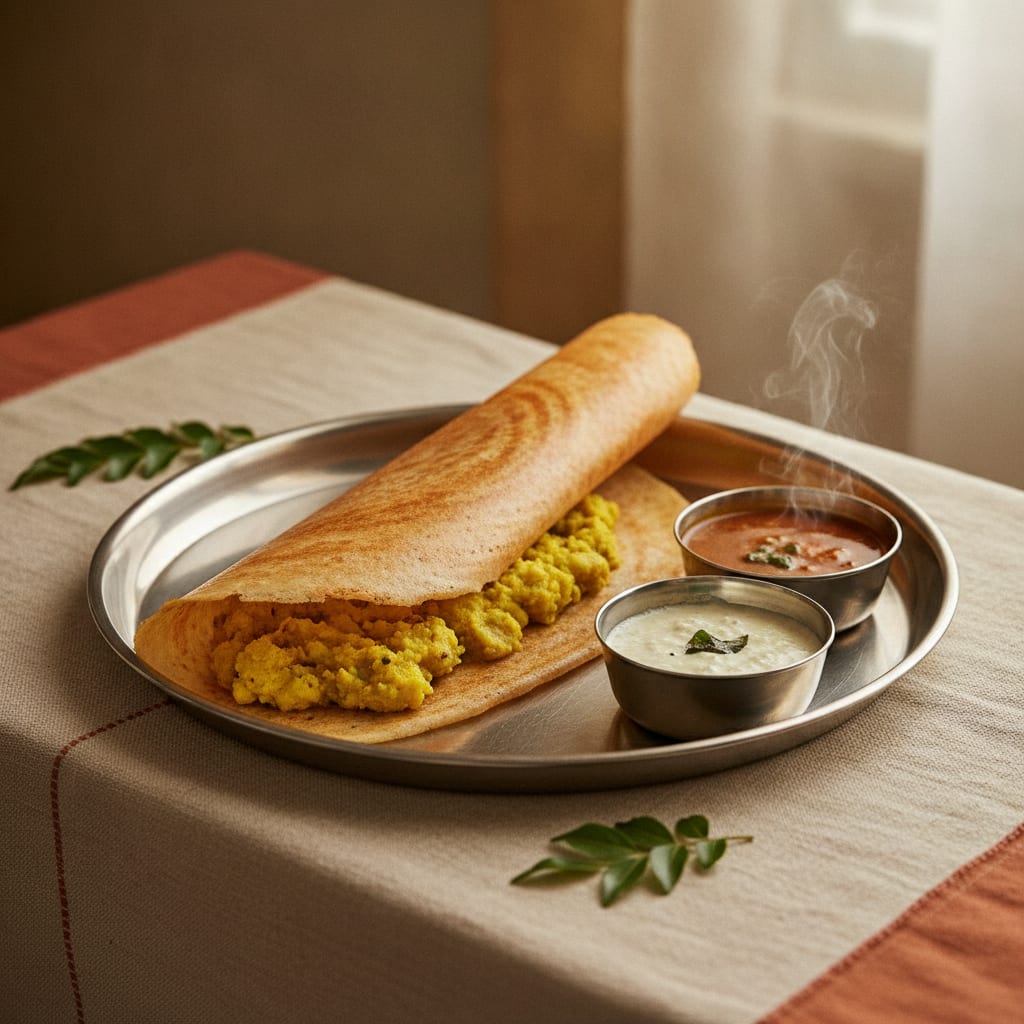 A long golden-brown masala dosa folded over yellow potato masala on a steel plate, with small bowls of white coconut chutney and sambar beside it