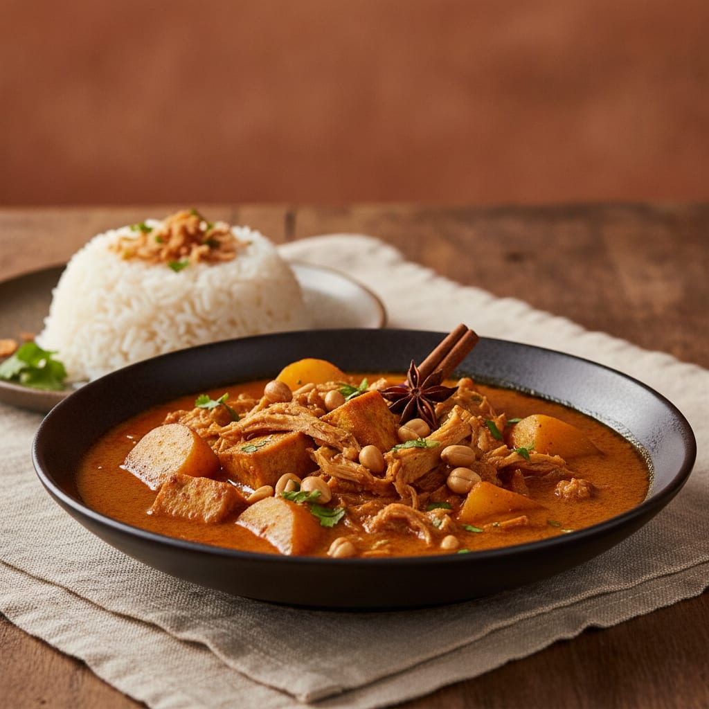 A bowl of glossy red-brown massaman curry with chunks of potato, shredded jackfruit, golden tofu and whole roasted peanuts in a thick coconut sauce, a cinnamon stick and star anise visible, jasmine rice alongside