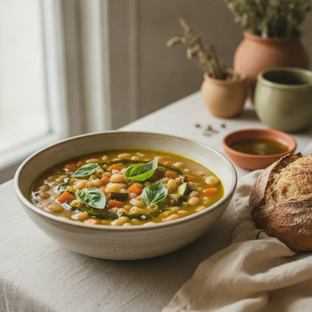 A deep bowl of minestrone thick with beans, diced vegetables and short pasta in a golden broth, a swirl of olive oil and torn basil on top, crusty bread on the side