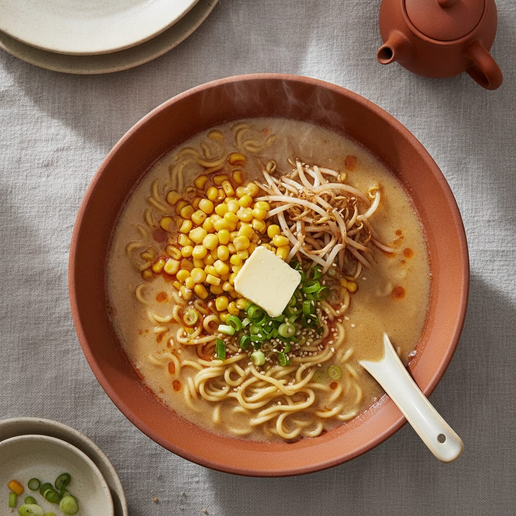 A bowl of rich tan miso ramen, wavy noodles, a pat of butter melting into a pile of sweetcorn, fried bean sprouts, scallions, a glistening orange-flecked broth