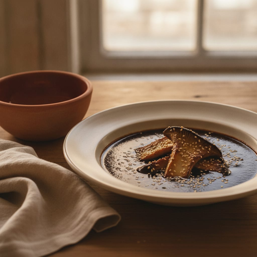 A deep plate flooded with glossy dark-brown mole poblano over roasted king oyster mushroom, finished with a scatter of toasted sesame seeds