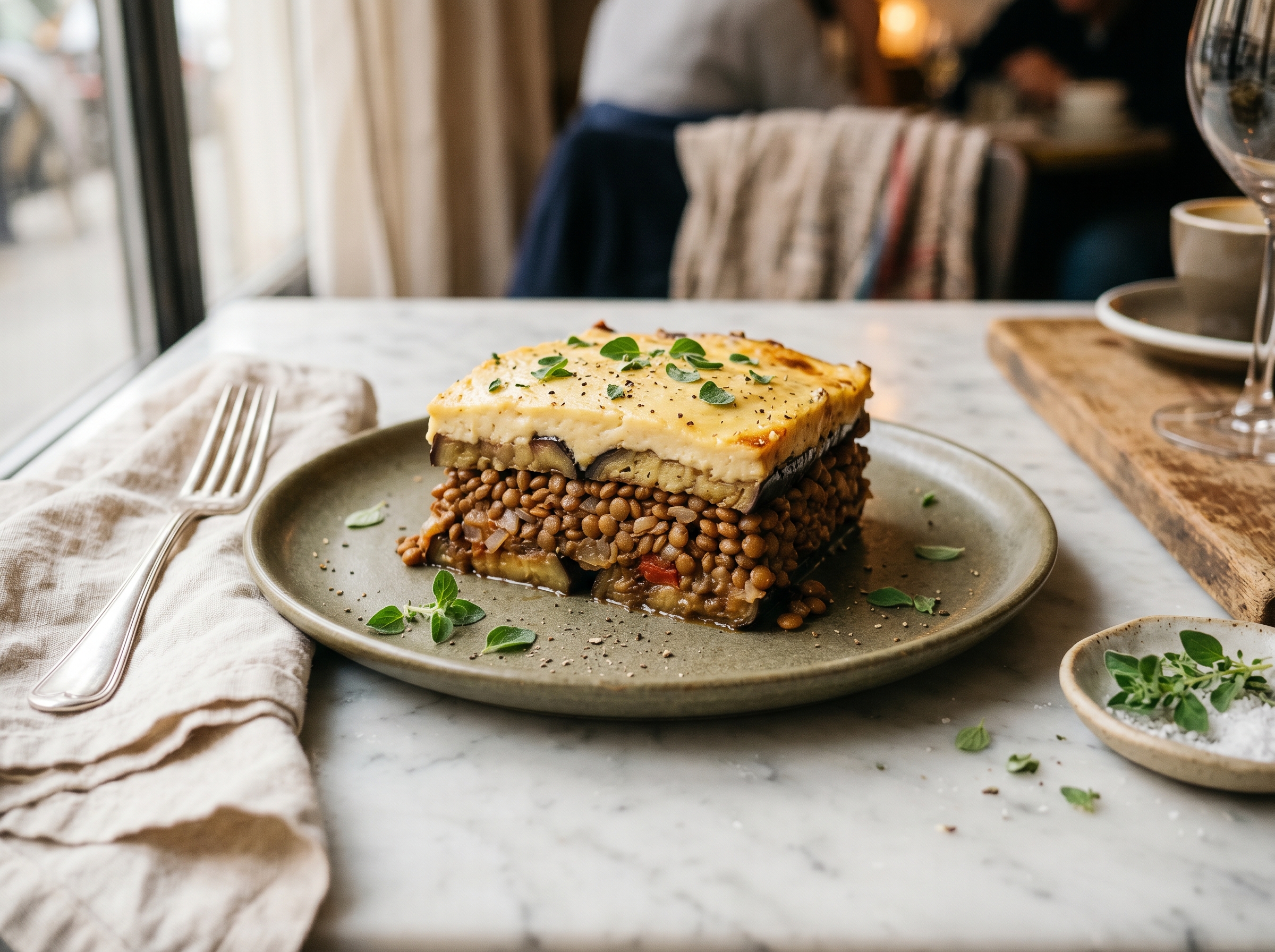 A square of moussaka on a chipped white plate, golden béchamel top broken open to show the lentil-eggplant layers beneath
