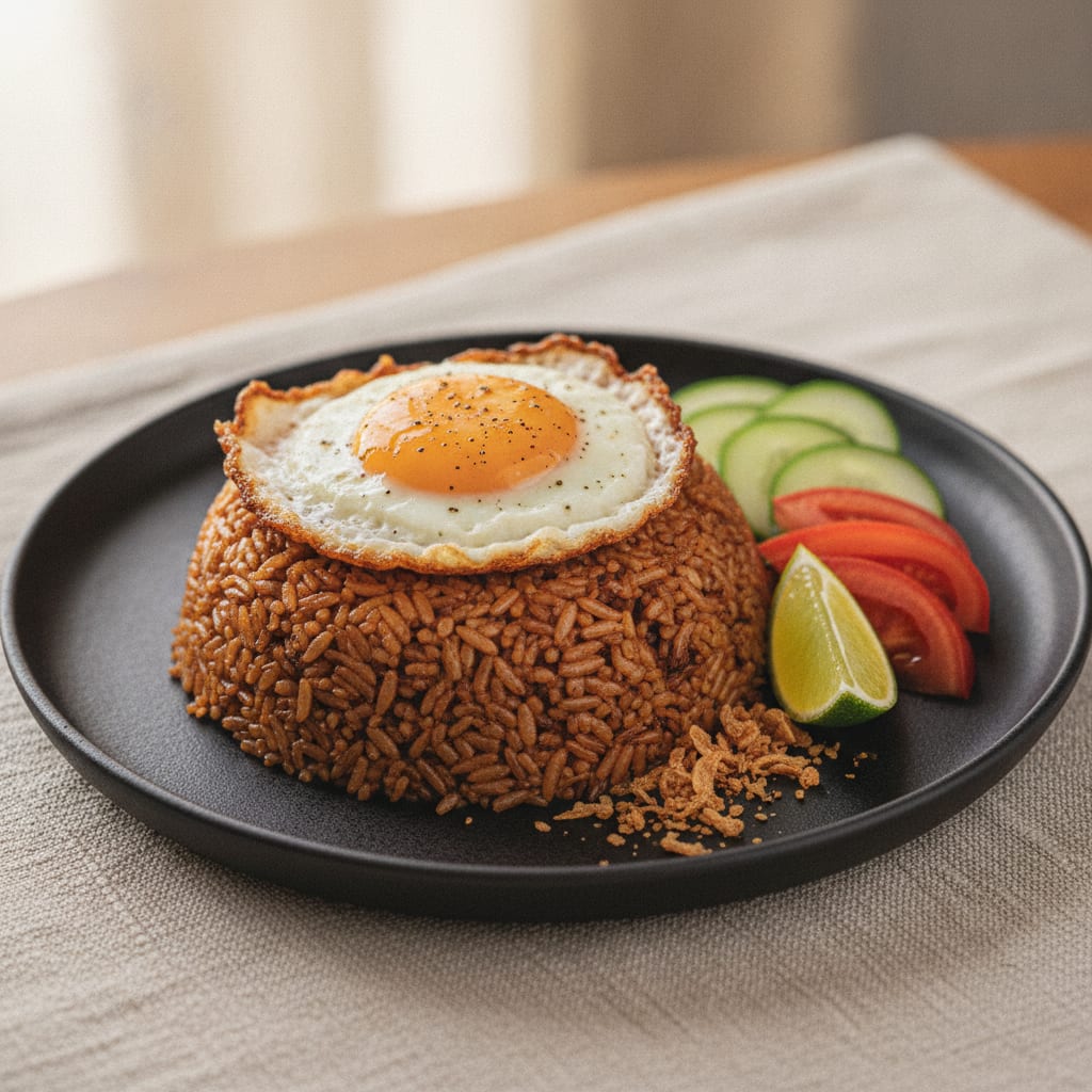 A plate of dark, glossy nasi goreng topped with a fried egg with crisp lacy edges and a runny yolk, garnished with sliced cucumber, tomato, fried shallots and a wedge of lime